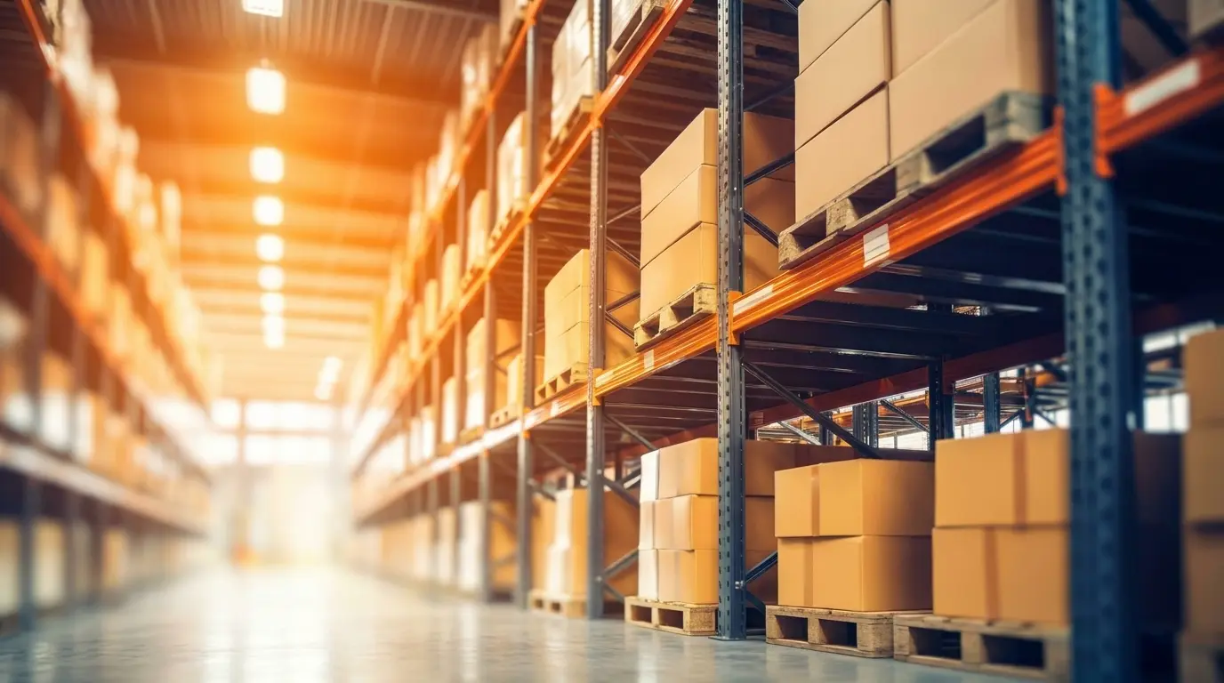 Warehouse interior with racked palletized cargo